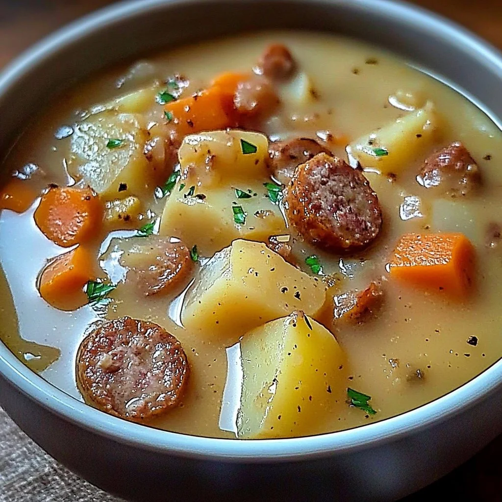 Bowl of Irresistible Crockpot Potato Sausage Soup with fresh herbs