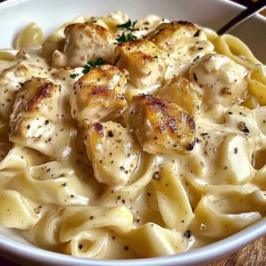 A delicious plate of dairy free chicken alfredo garnished with parsley