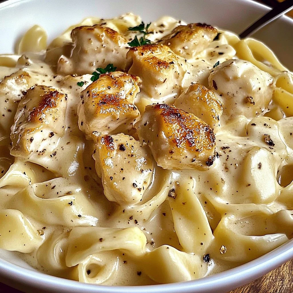 A delicious plate of dairy free chicken alfredo garnished with parsley