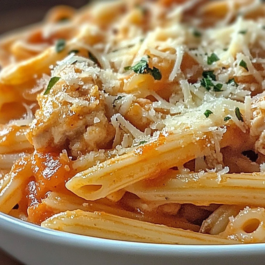 Delicious easy chicken parmesan pasta with cheese and herbs