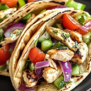 Easy sheet pan chicken pitas served with fresh veggies and sauce