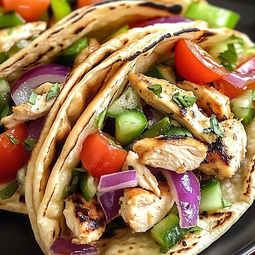 Easy sheet pan chicken pitas served with fresh veggies and sauce