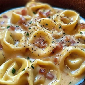 Delicious plate of easy tortellini carbonara topped with cheese and herbs