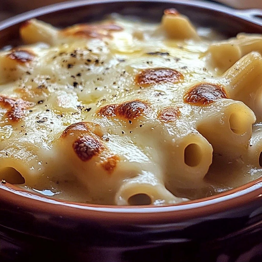 Delicious bowl of irresistible French onion pasta soup topped with melted cheese.