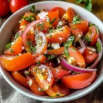Delicious fresh tomato salad with colorful vegetables and herbs