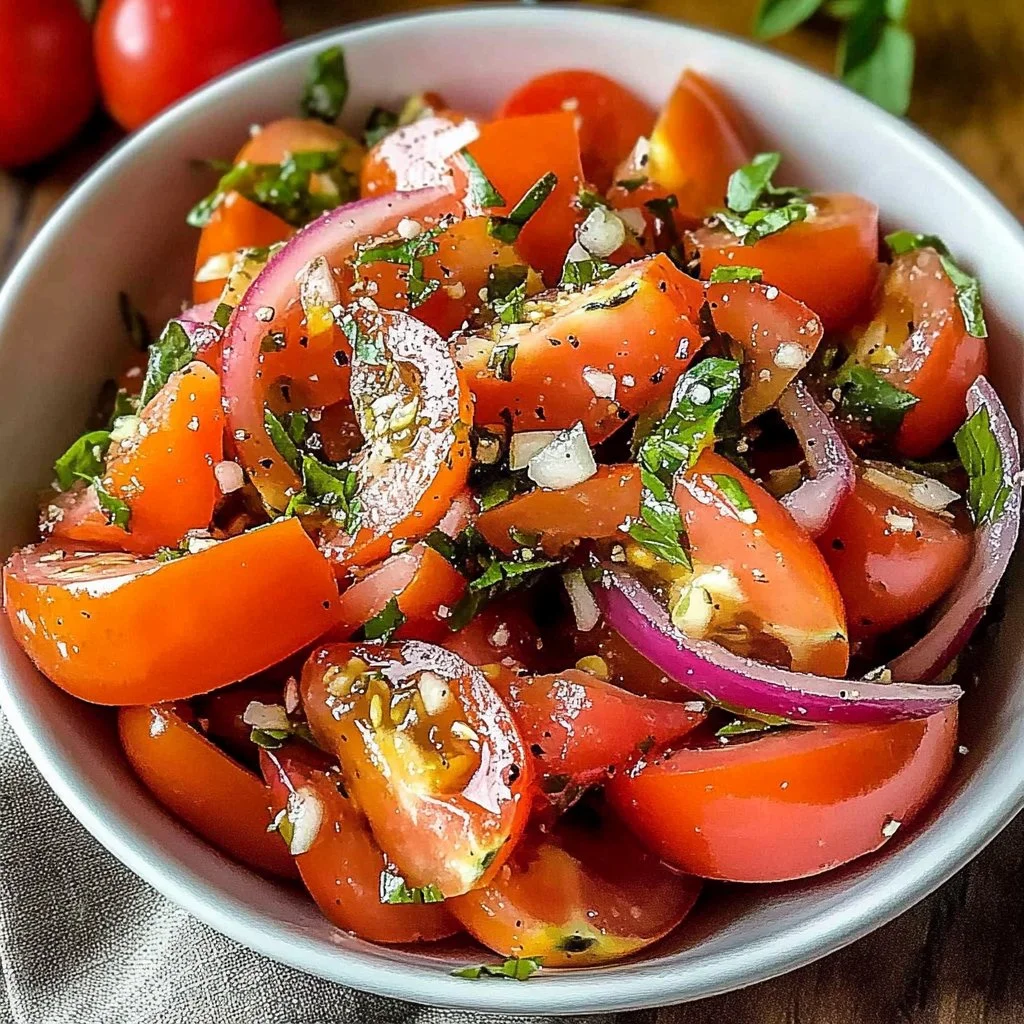 Delicious fresh tomato salad with colorful vegetables and herbs
