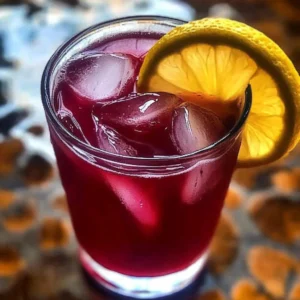 A refreshing glass of hibiscus lemonade with lemon slice and flower garnish