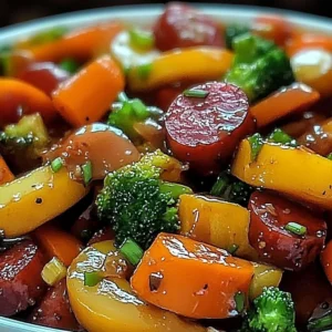 Honey garlic kielbasa served with colorful vegetables on a plate