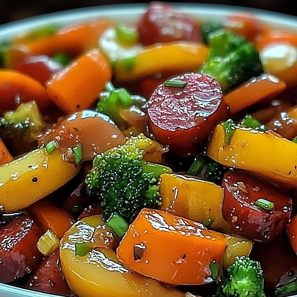 Honey garlic kielbasa served with colorful vegetables on a plate
