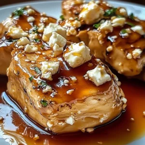 Delicious hot honey feta chicken garnished with herbs and drizzled with honey