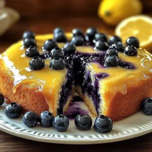 Sliced lemon blueberry pound cake with fresh blueberries and lemon slices.