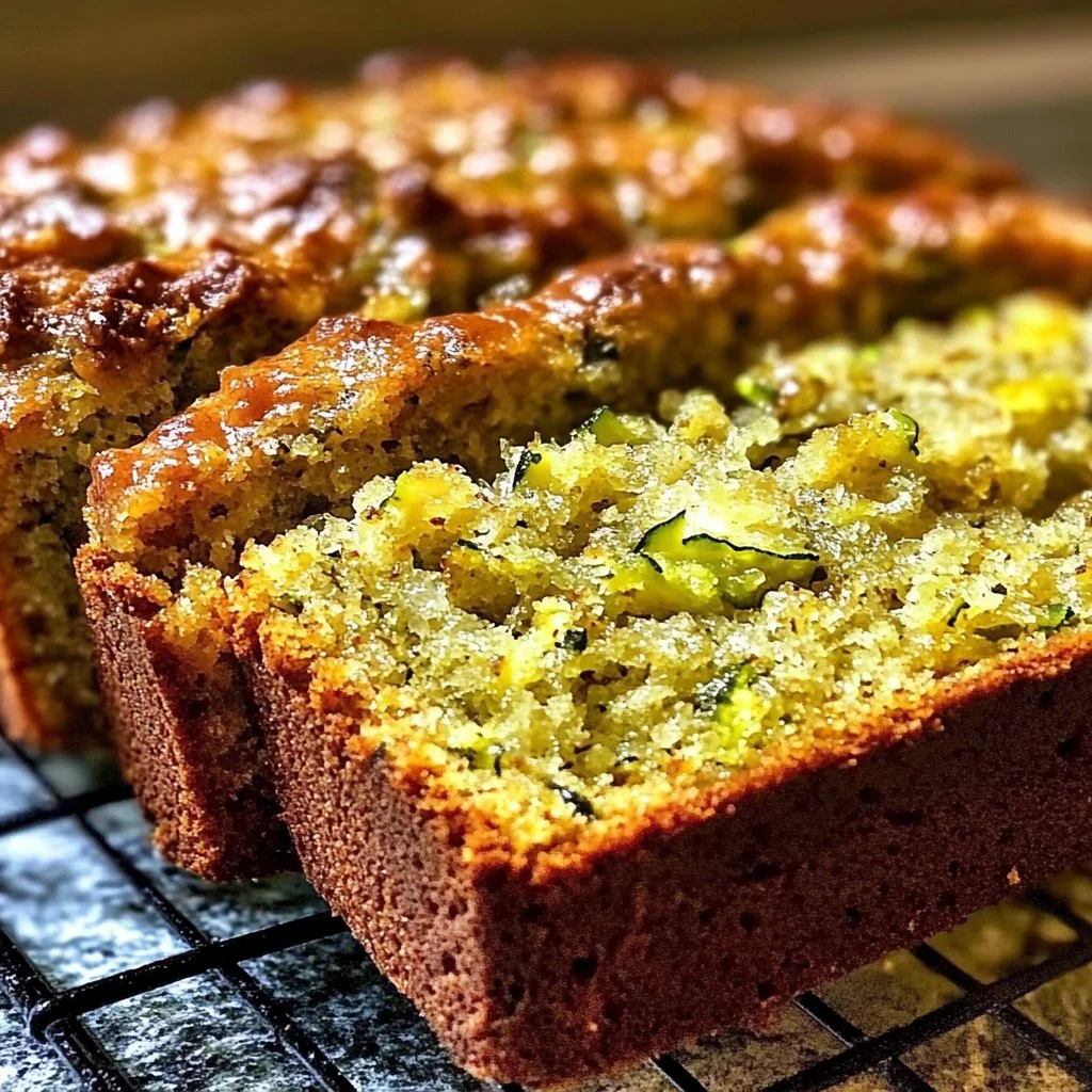 Irresistible moist old fashioned zucchini bread with a slice and ingredients