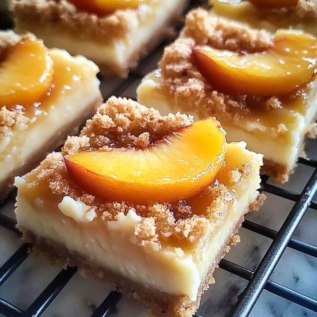 Delicious peach cobbler cheesecake bars topped with fresh peach slices.