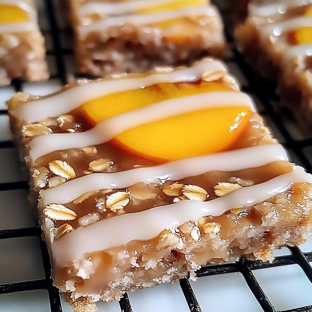 Irresistible peach oat bars with vanilla glaze on a wooden table