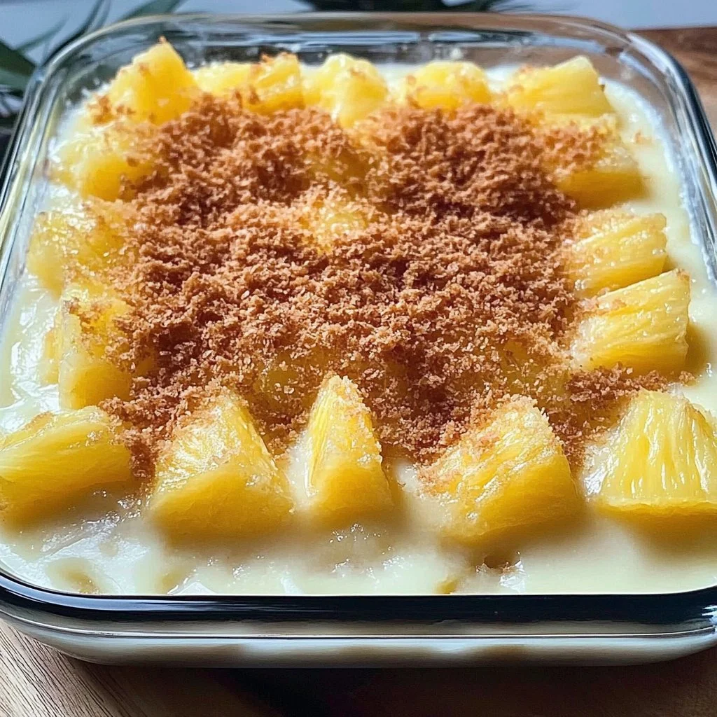 Delicious pineapple coconut dump cake served on a plate.