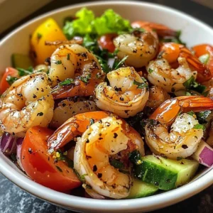 Delicious bowl of irresistible shrimp salad with fresh vegetables and dressing