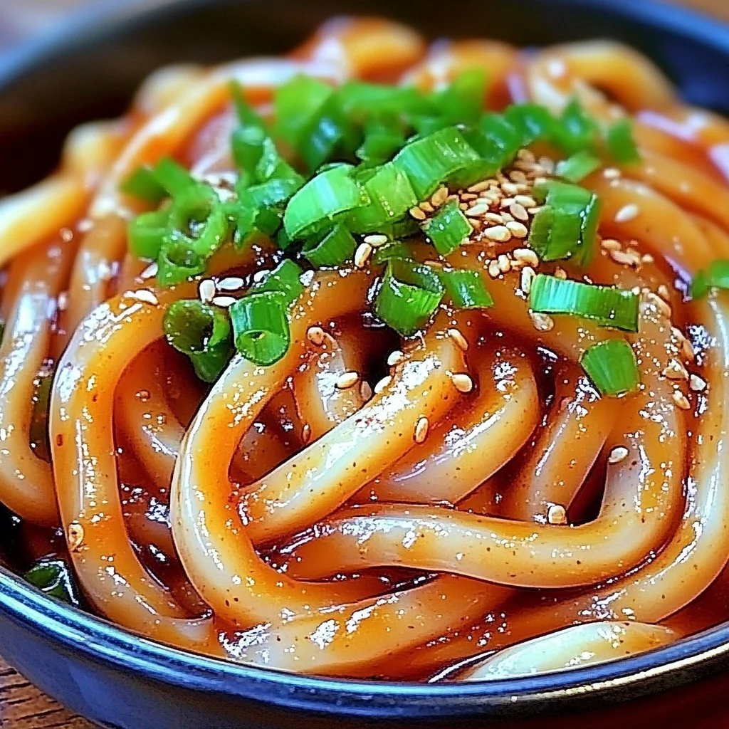 A bowl of spicy gochujang udon noodles topped with green onions and sesame seeds