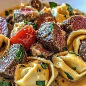Plate of irresistible steak tortellini with fresh herbs and Parmesan cheese