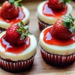 Delicious strawberry cheesecake cups topped with fresh strawberries and cream.