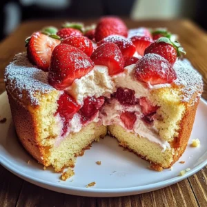 Sliced strawberry cheesecake pound cake with fresh strawberries on top