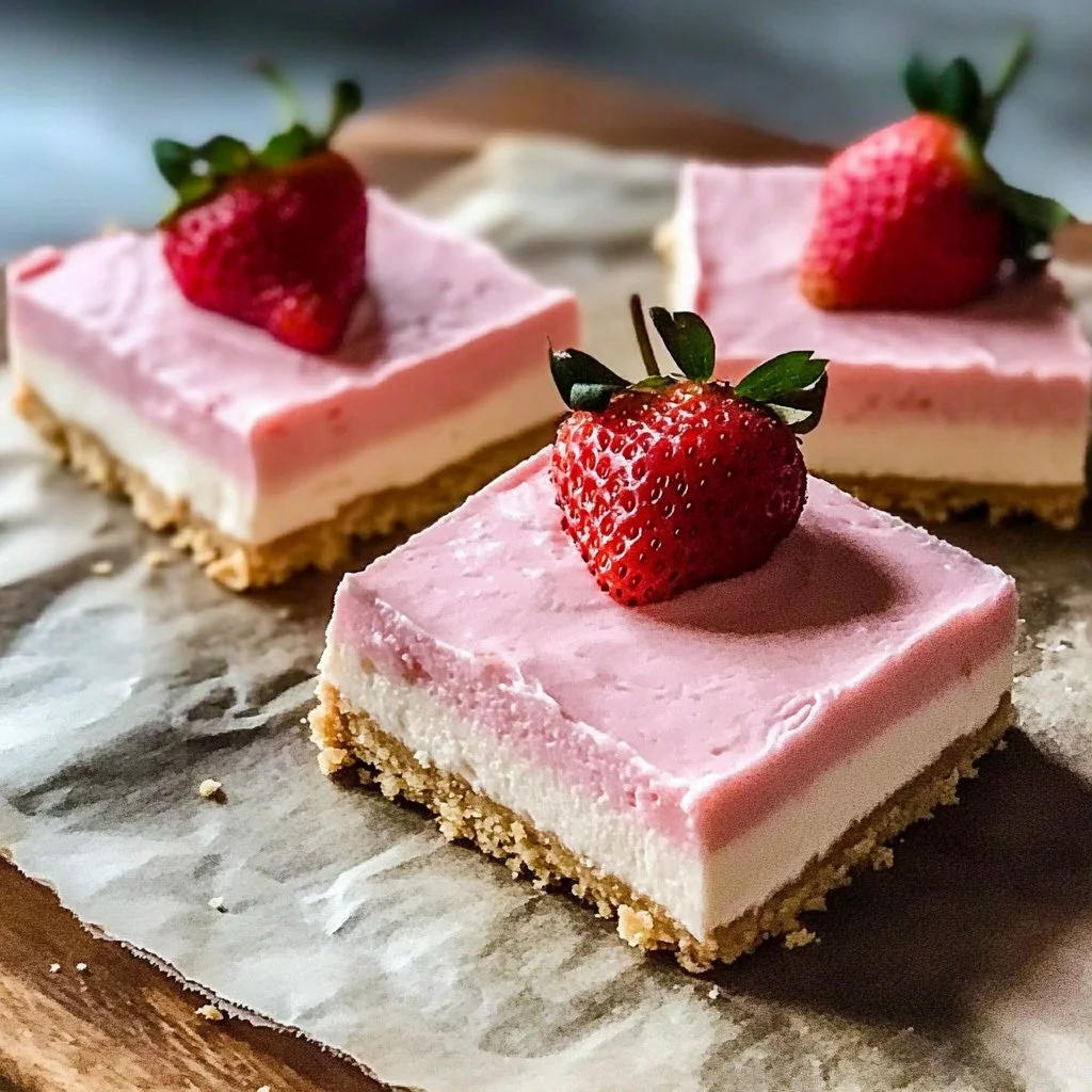 Irresistible strawberry mousse cheesecake bars with fresh strawberries and a creamy layer