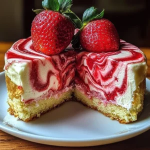 Irresistible strawberry swirl cream cheese cake with fresh strawberries and creamy layers
