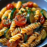 A vibrant bowl of irresistible tomato zucchini pasta garnished with herbs.