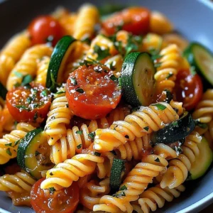 A vibrant bowl of irresistible tomato zucchini pasta garnished with herbs.