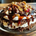 Delicious turtle lush dessert layered with chocolate and caramel in a glass dish