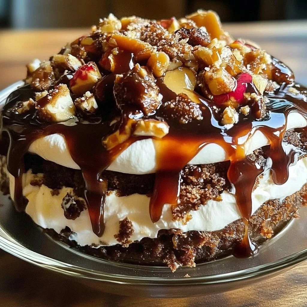 Delicious turtle lush dessert layered with chocolate and caramel in a glass dish