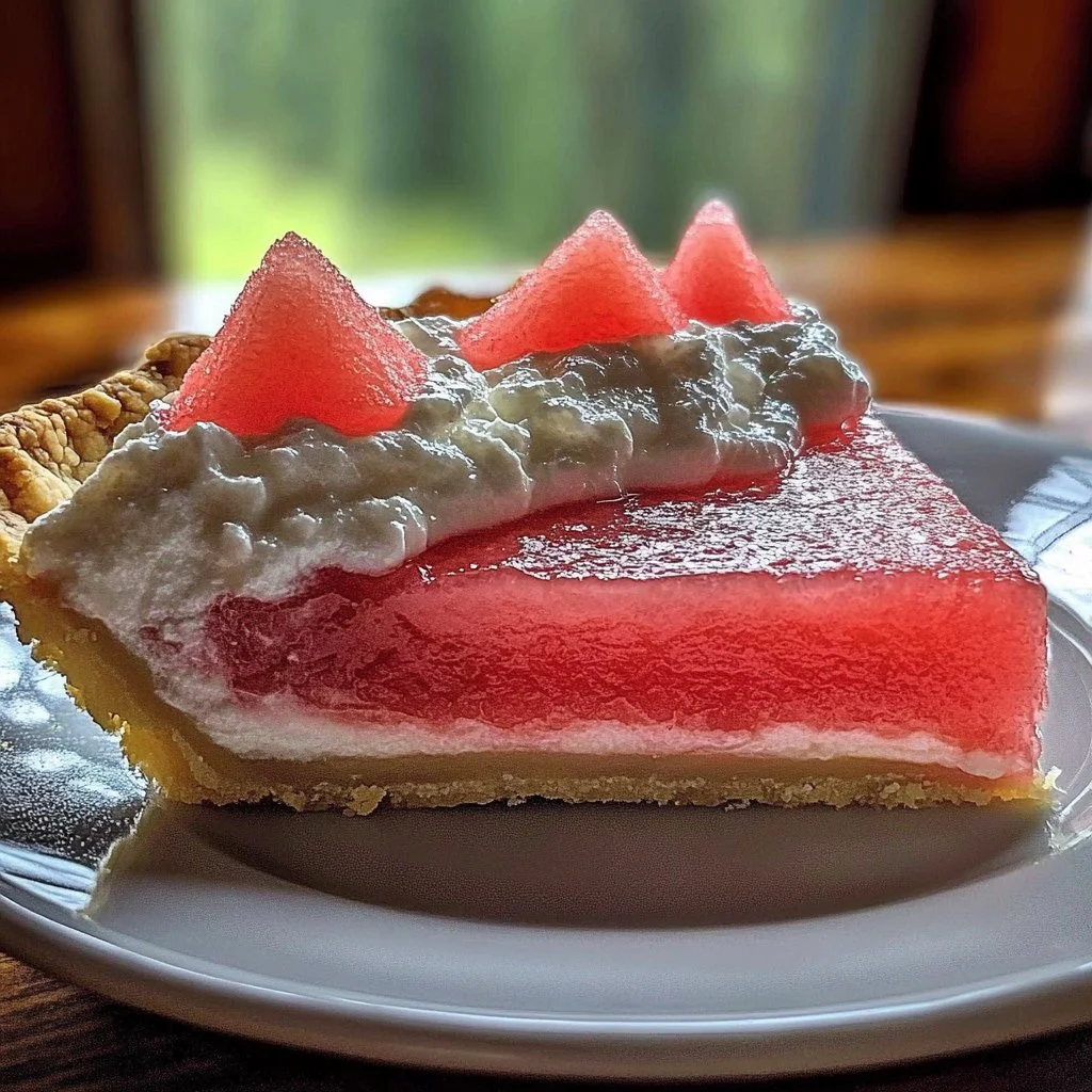 Delicious slice of homemade watermelon pie topped with whipped cream