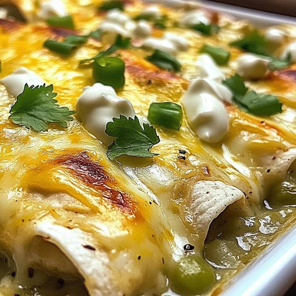 Delicious white chicken enchiladas topped with creamy sauce and melted cheese.