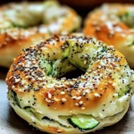Freshly baked zucchini bagels served with cream cheese and herbs