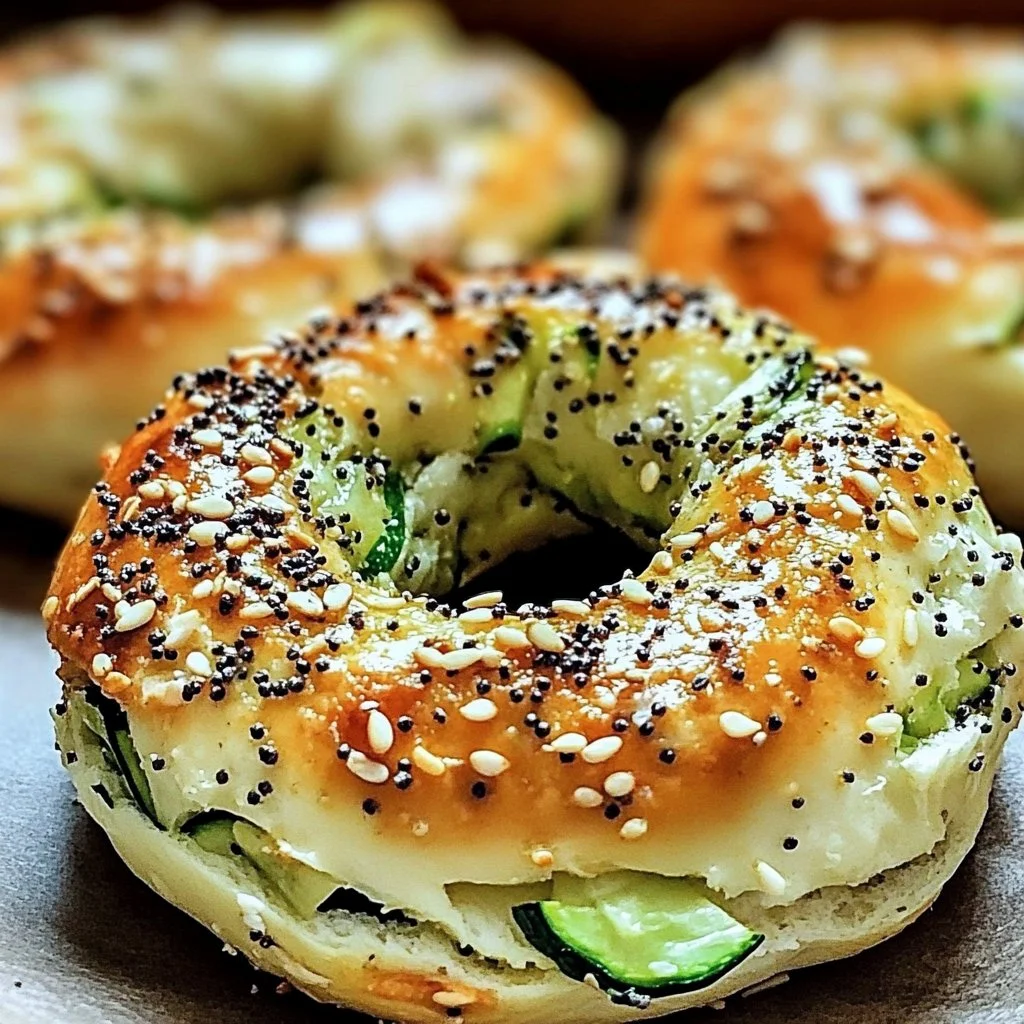 Freshly baked zucchini bagels served with cream cheese and herbs