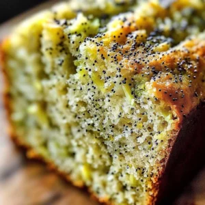 Sliced lemon poppy seed zucchini bread on a wooden cutting board.
