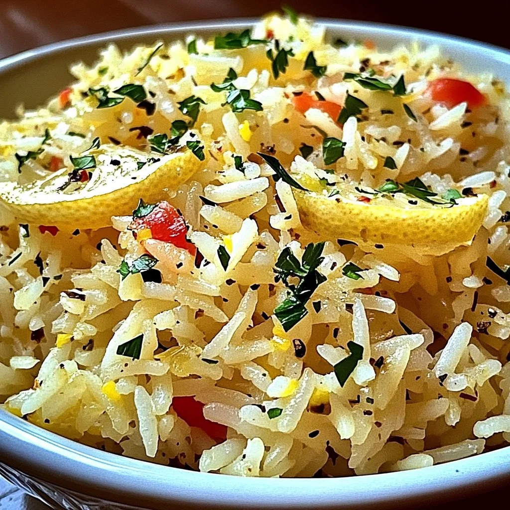 A vibrant bowl of Lemon Rice Mediterranean garnished with herbs and lemon slices.