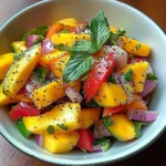 Colorful mango salad with lime dressing served in a bowl