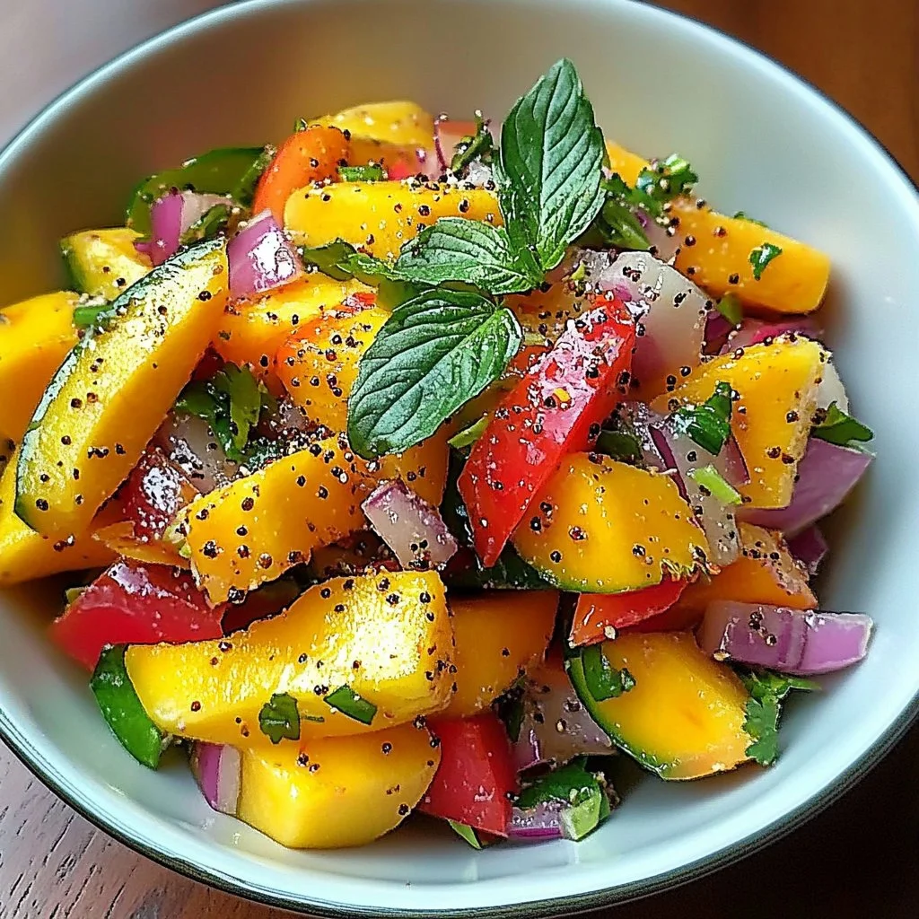 Colorful mango salad with lime dressing served in a bowl