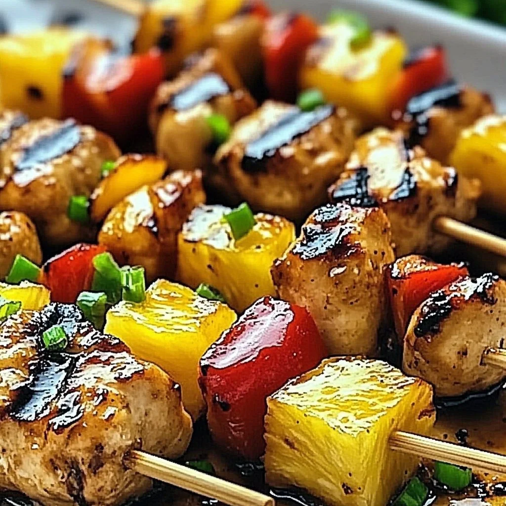 Grilled pineapple chicken kabobs skewered and ready to serve, showcasing vibrant colors.
