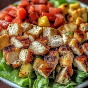 Delicious bowl of savory BLT chicken salad with crispy bacon, lettuce, and tomatoes.