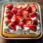 Delicious sheet pan strawberry shortcake cake with fresh strawberries and whipped cream
