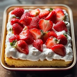 Delicious sheet pan strawberry shortcake cake with fresh strawberries and whipped cream