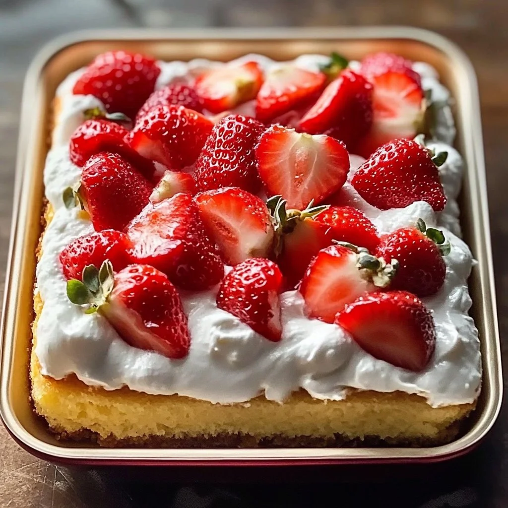 Delicious sheet pan strawberry shortcake cake with fresh strawberries and whipped cream