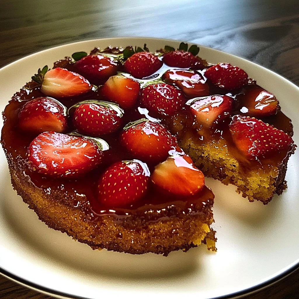 Strawberry Honey Upside Down Cake served on a plate with fresh strawberries