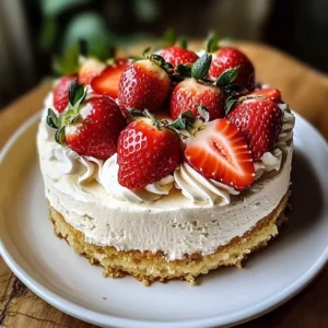 Delicious strawberry shortcake cake topped with mascarpone and fresh strawberries