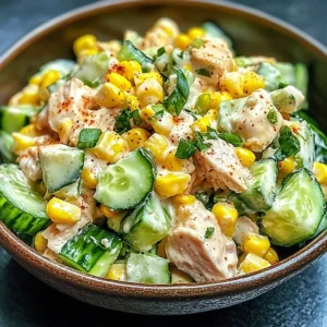 Street Corn Creamy Cucumber Chicken Salad with fresh ingredients and vibrant colors.