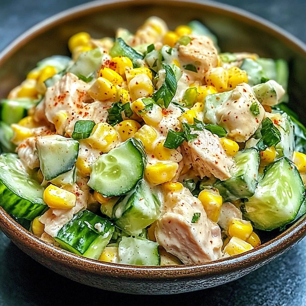Street Corn Creamy Cucumber Chicken Salad with fresh ingredients and vibrant colors.